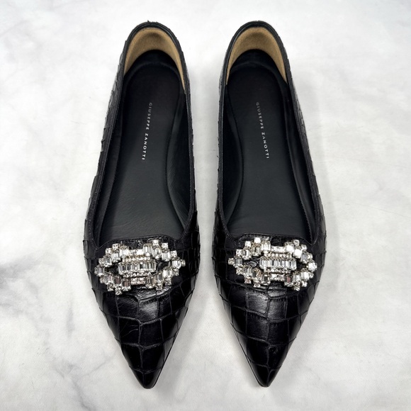 Giuseppe Zanotti Rhinestone Embellished Croc Leather Pointed Toe Ballet Flats 38